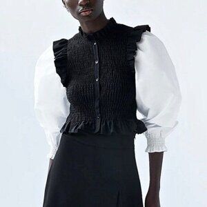 Thread Story Black and White Ruched Contrast Top